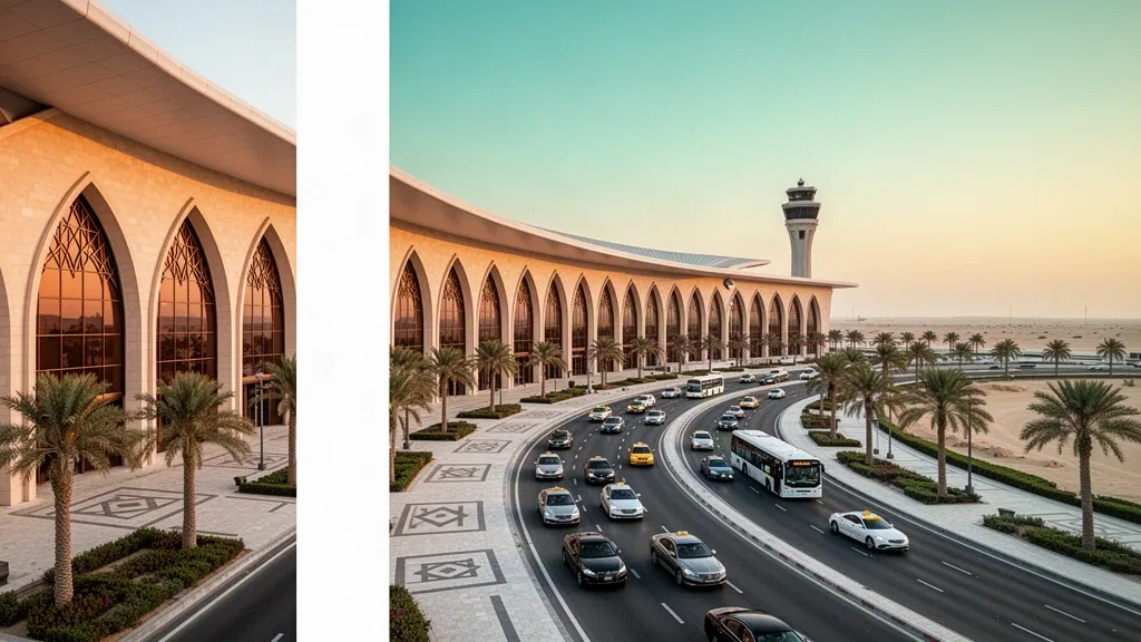 Esterno moderno del terminal con archi e corsia di sosta curva all'Aeroporto Internazionale di Doha in Qatar durante l'ora d'oro
