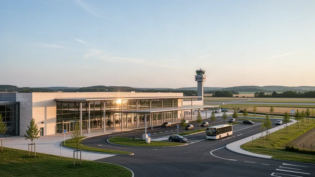 Façade moderne en verre du terminal de l'aéroport de Dijon Bourgogne avec voie de dépose courbe et route d'accès dans une lumière dorée.