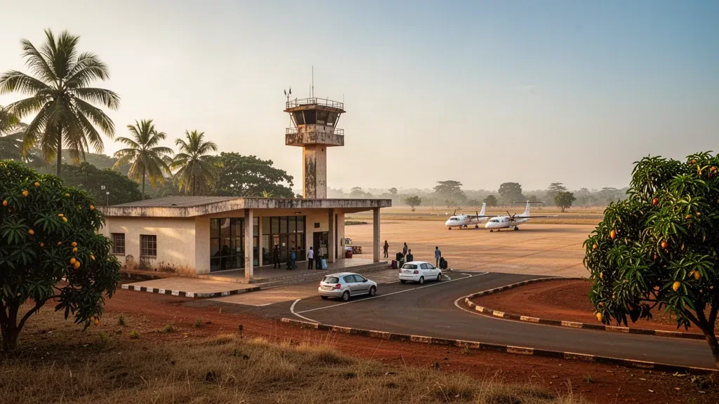 Small single-storey terminal and sunlit apron at Dimbokro Airport in central Côte d'Ivoire, framed by tropical palms and savanna