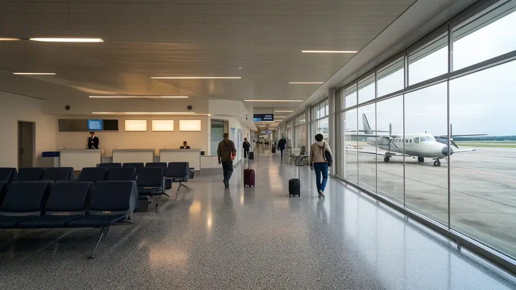 Intérieur du hall de départ de l'aéroport de Dijon Bourgogne avec sièges passagers, comptoirs d'enregistrement et lumière du jour à travers les fenêtres du terminal