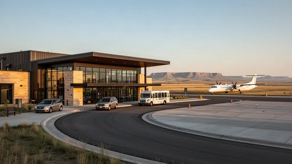 Modernes Glas-Terminal und Vorfahrtspur am Dickinson Theodore Roosevelt Regional Airport in der Prärie von North Dakota zur goldenen Stunde