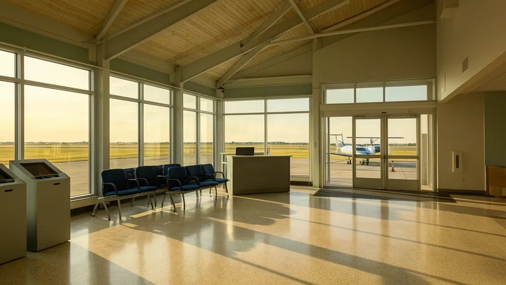 Hall baigné de soleil à l'intérieur de l'aéroport régional Dickinson Theodore Roosevelt dans le Dakota du Nord, avec des sièges d'attente face aux grandes fenêtres du terminal.