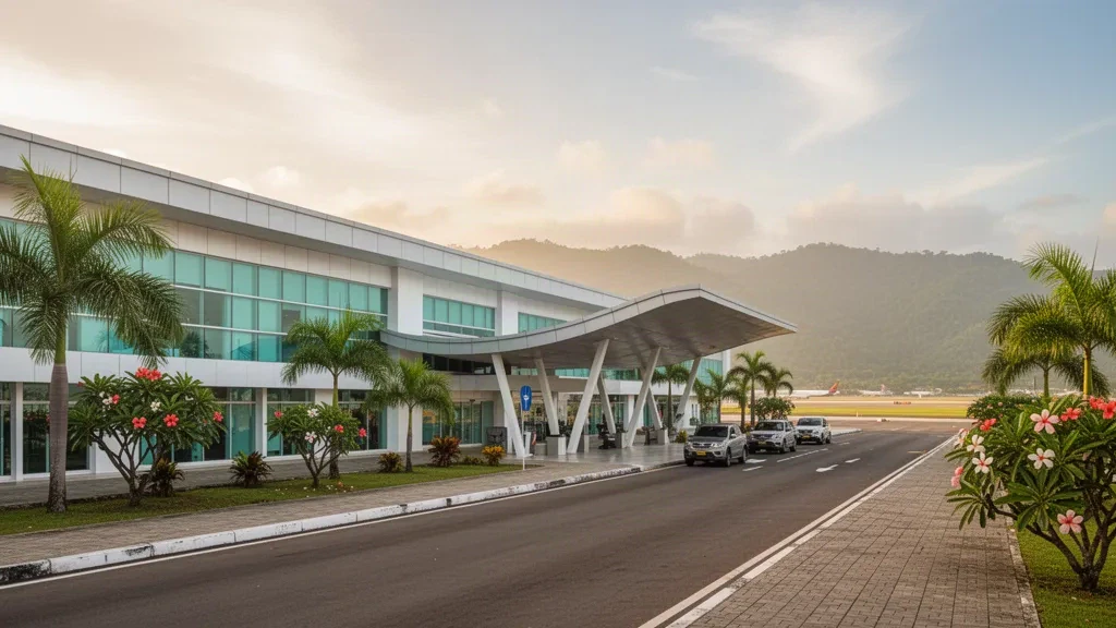 Exterior de la terminal moderna y acceso a la acera del Aeropuerto Internacional Presidente Nicolau Lobato en Dili, Timor-Leste, a la hora dorada