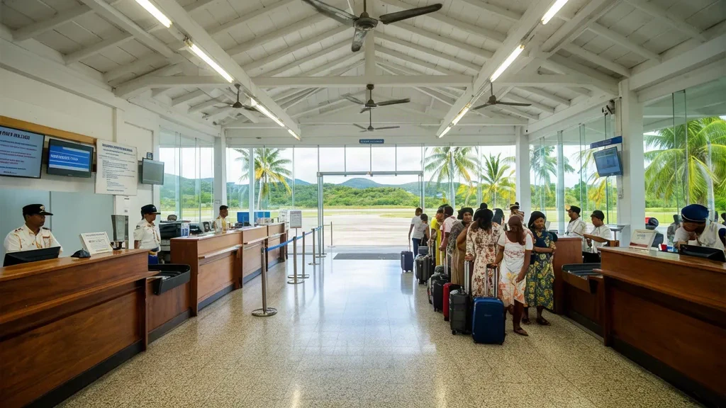 Dili, Doğu Timor'daki Presidente Nicolau Lobato Uluslararası Havalimanı'nın gidiş salonundaki check-in alanı; yolcular ve güneş alan aprona bakan cam duvarlar
