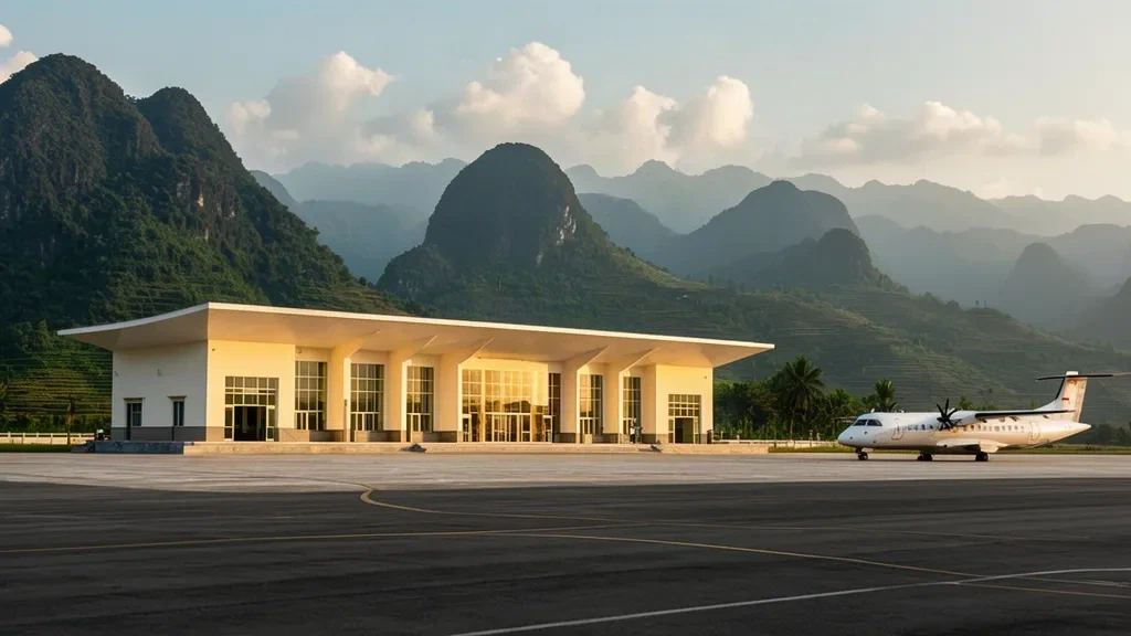 Dien Bien Phu Airport terminal building with a parked aircraft and green mountain ridges of the Muong Thanh valley rising behind