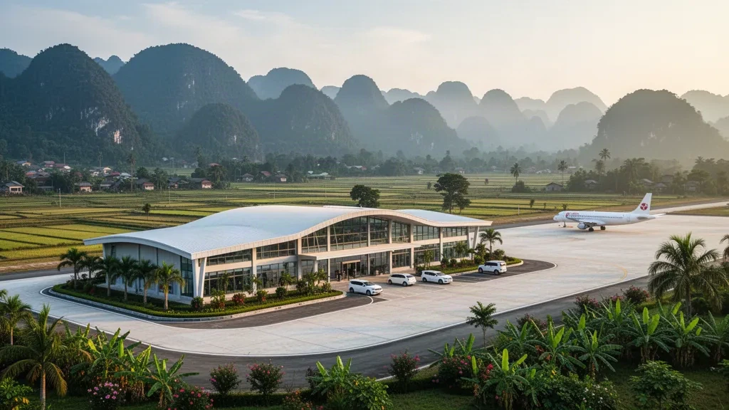 Modernes Glasterminal am Flughafen Dien Bien Phu in Vietnam, umrahmt von nebligen bewaldeten Bergen und Reisfeldern zur goldenen Stunde.