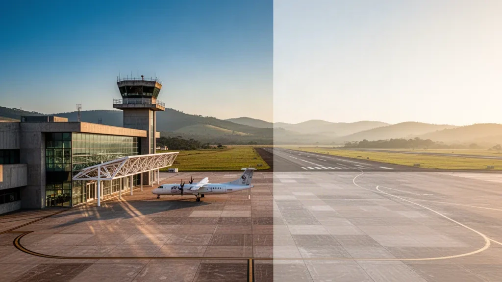 Wide aerial-side view of the modern terminal and apron at Brigadeiro Cabral Airport in Divinópolis, Minas Gerais, in warm golden-hour light