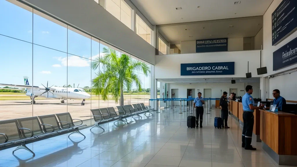 Interior of Brigadeiro Cabral Airport in Divinópolis, Brazil, with check-in counters, travelers, and a regional aircraft outside.