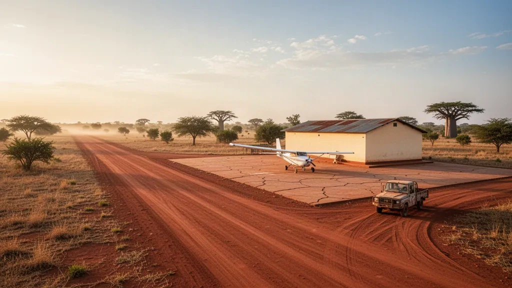 Ländliche Landepiste und Laterit-Start- und Landebahn des Flughafens Diapaga im Osten Burkina Fasos in warmem Licht zur goldenen Stunde