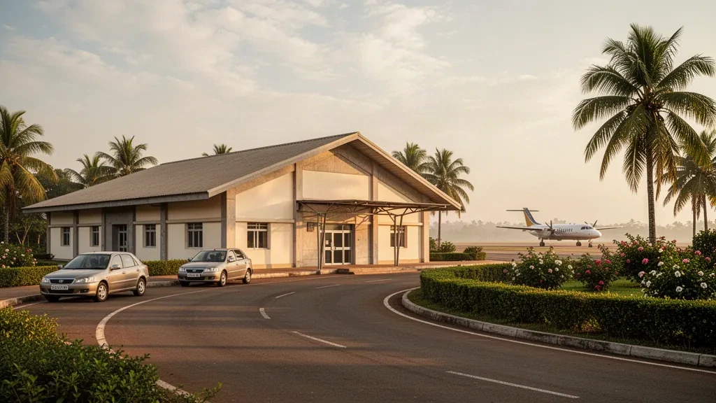 Exterior of Ngot Nzoungou Airport terminal in Dolisie, Congo, with palms, a drop-off lane and warm golden-hour light