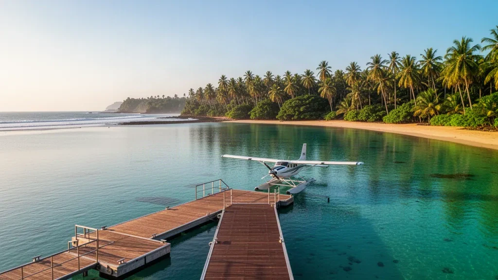 Seaplane moored at Mawella Lagoon Seaplane Base in Sri Lanka with tropical dock, turquoise lagoon and golden-hour light