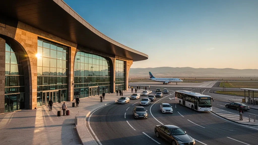 Modern glass terminal exterior at Diyarbakır Airport in Turkey with drop-off lanes and a parked jet at golden hour