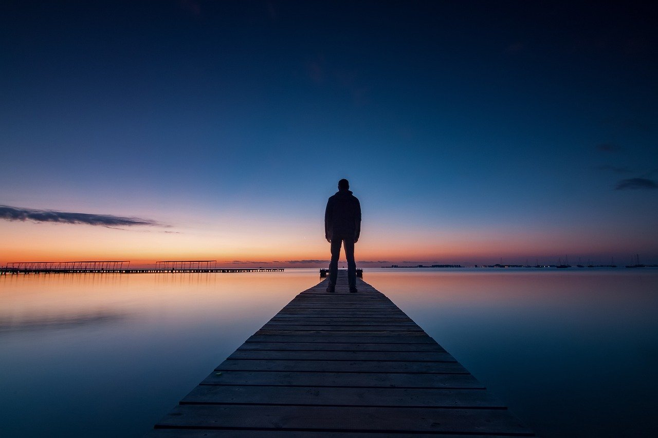 dock, lake, twilight, lagoon, water, wooden dock, nature, man, blue hour