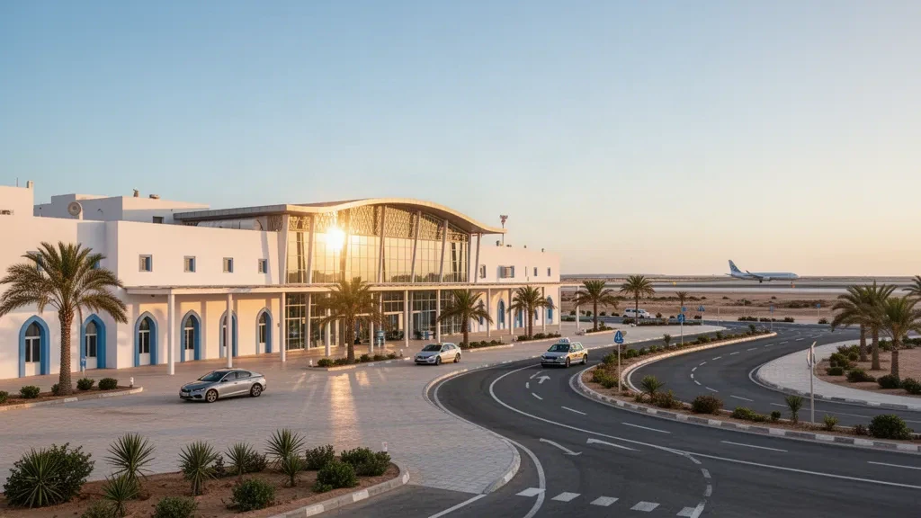 Tunus'taki Djerba-Zarzis Uluslararası Havalimanı'nda altın saatlerde palmiye ağaçlarıyla çevrili indirme yoluna sahip modern beyaz ve mavi terminal binasının dış görünümü.