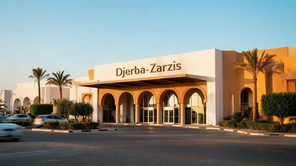 Djerba-Zarzis Uluslararası Havalimanı terminalinin beyaz Akdeniz mimarisi, palmiye ağaçları ve taş döşeli indirme ön alanıyla güneşli dış görünümü