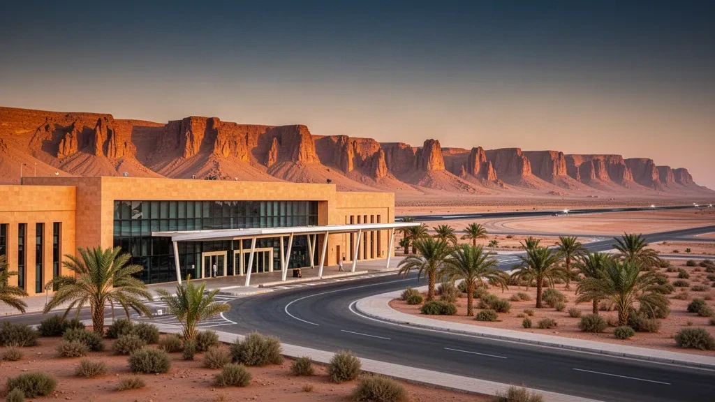 Terminal moderna de arenisca y entorno desértico en el aeropuerto de Tiska Djanet, en el Sahara argelino, bajo la cálida luz de la hora dorada