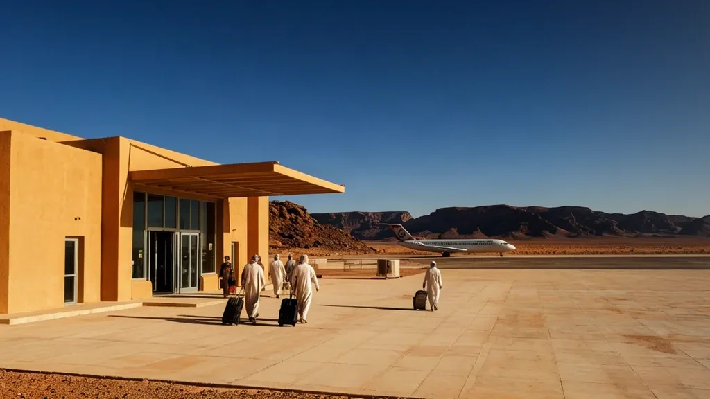 Extérieur ensoleillé du terminal de l'aéroport de Djanet Tiska dans le Sahara algérien, avec des voyageurs et des valises sur le tarmac à côté de la piste désertique