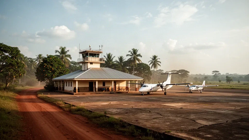 Kleines regionales Terminal, Vorfeld und tropische Savannenlandschaft am Flughafen Djambala in der Republik Kongo in warmem Nachmittagslicht