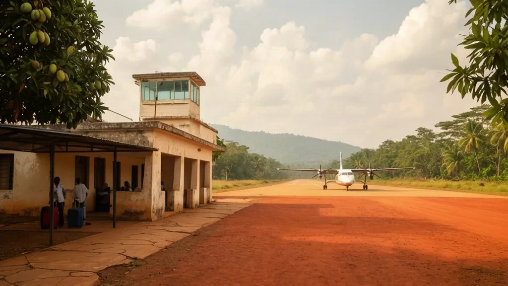 Kleines ländliches Terminalgebäude und rotes Laterit-Vorfeld am Flughafen Djambala in der Republik Kongo in dunstigem tropischem Nachmittagslicht