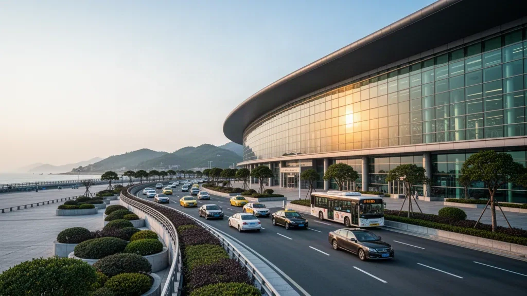Modern glass terminal and curbside drop-off lanes at Dalian Zhoushuizi International Airport at golden hour