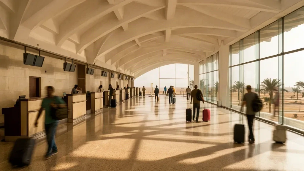 Interior de la sala de salidas del Aeropuerto Internacional Léopold Sédar Senghor en Dakar, Senegal, con mostradores de facturación y viajeros