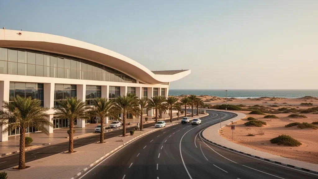 Extérieur moderne du terminal en verre et béton blanc à l'aéroport international Léopold Sédar Senghor à Dakar pendant l'heure dorée