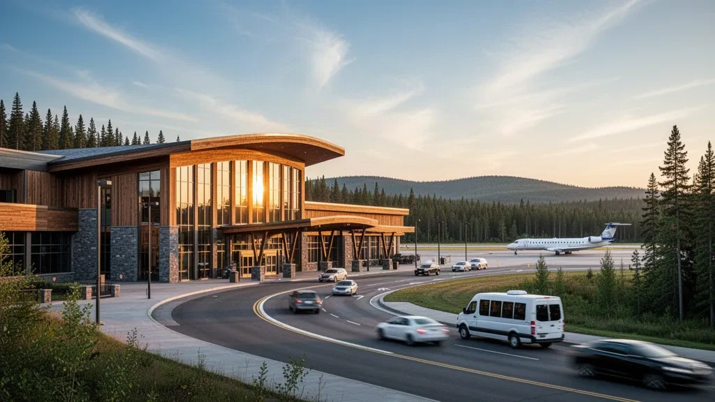 Modern curved-roof terminal exterior at Duluth International Airport in Minnesota with access road and jet at golden hour