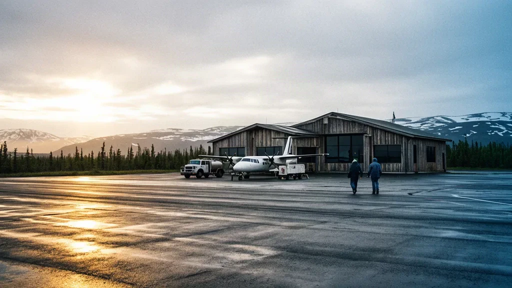 Dillingham Airport DLG terminal exterior in Alaska with a parked turboprop aircraft on the wet apron at golden hour