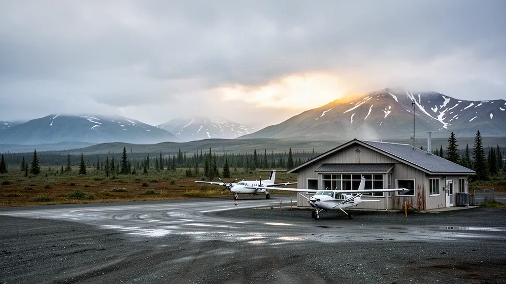 Terminal del aeropuerto de Dillingham y plataforma de grava con una pequeña avioneta bajo cielos nublados de Bristol Bay en Alaska