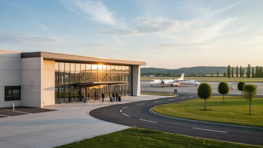 Terminal moderno de cristal y carril curvo de descenso en el aeropuerto de Dole-Jura en Tavaux, Francia, a la hora dorada con aviones estacionados