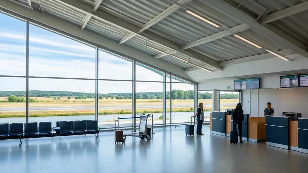 Interior luminoso de la terminal del aeropuerto de Dole-Jura en Tavaux, Francia, con mostradores de facturación, asientos de espera y viajeros en la sala de salidas.