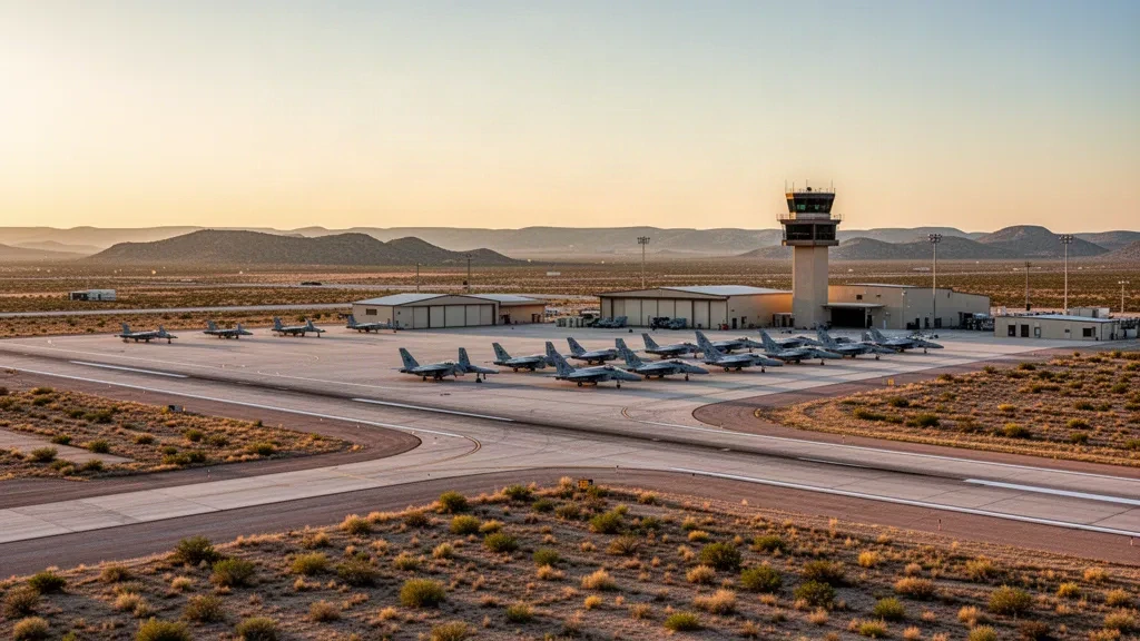 Terrain d'aviation de la base aérienne de Laughlin au Texas avec des avions d'entraînement, une tour de contrôle et des pistes à l'heure dorée