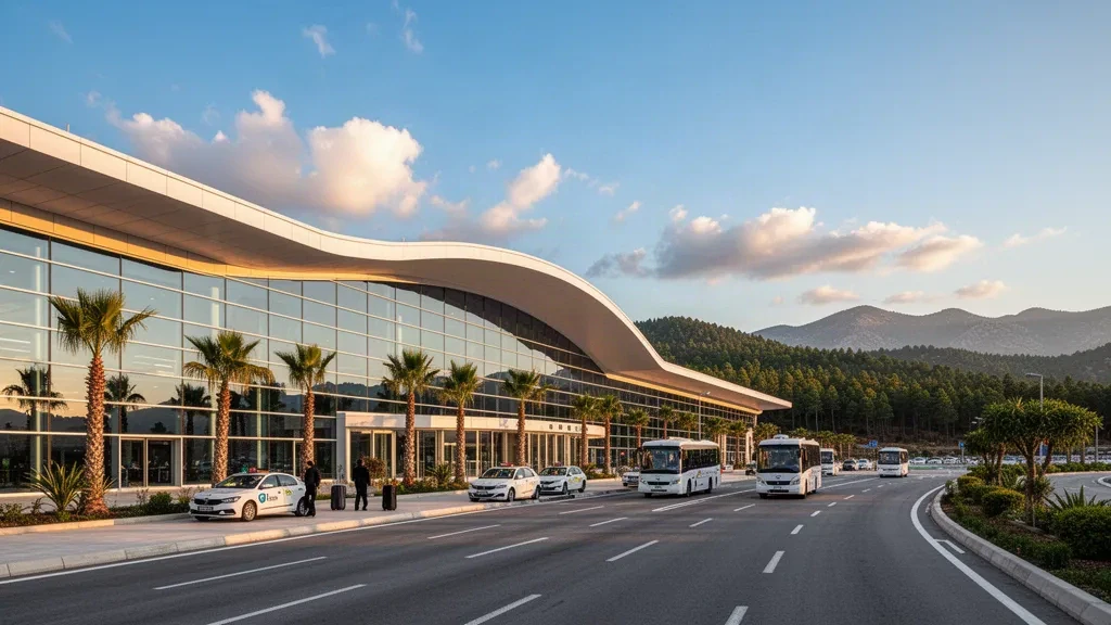 Modern glass terminal exterior at Dalaman International Airport with access road, palm trees, and pine-covered hills at golden hour.