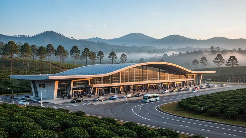 Da Lat yakınlarındaki Lien Khuong Havalimanı'nın yüksek rakımlı çam tepeleri, sis ve sıcak altın saat ışığıyla çerçevelenen modern kavisli çatılı cam terminali