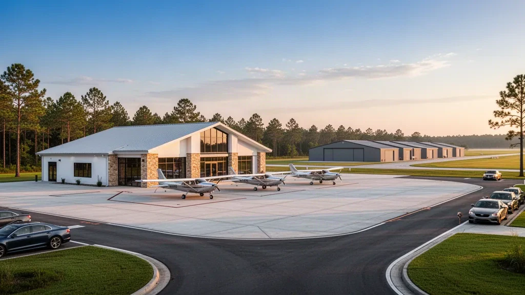 Petit terminal d'aviation générale, hangars et avions stationnés sur le tarmac à l'aéroport du comté de Dillon en Caroline du Sud à l'heure dorée