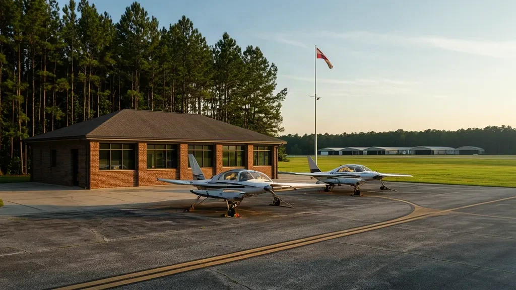 Petit terminal en brique et avion léger stationné sur le tarmac à l'aéroport du comté de Dillon en Caroline du Sud sous le soleil de fin d'après-midi