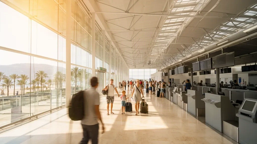 Sunlit departures hall interior at Dalaman International Airport in Muğla, Turkey, with glass walls and travellers with luggage