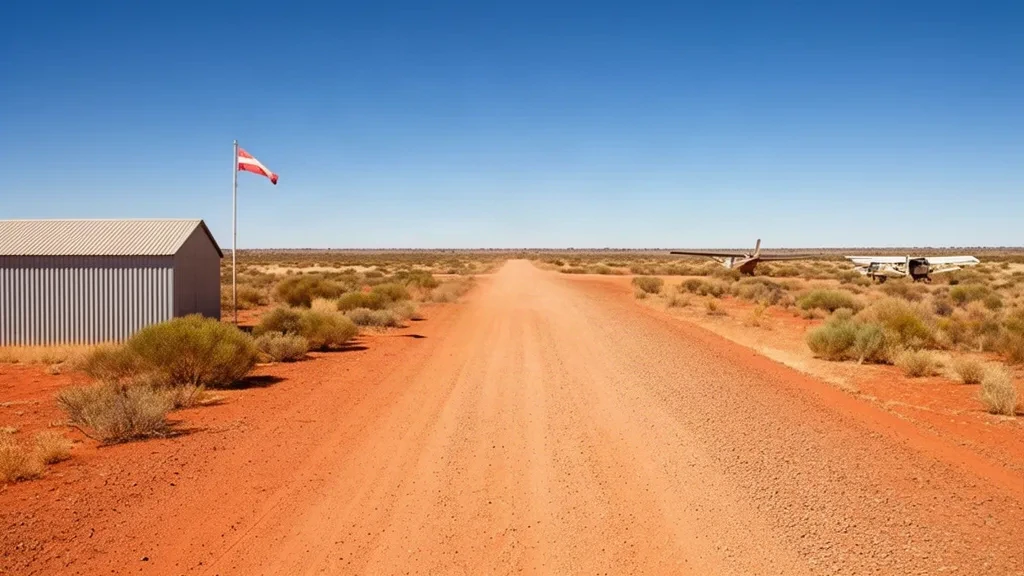 Pista remota in terra rossa e piccolo rifugio in lamiera ondulata all'aeroporto di Dulkaninna DLK nell'outback dell'Australia Meridionale sotto un cielo azzurro limpido.