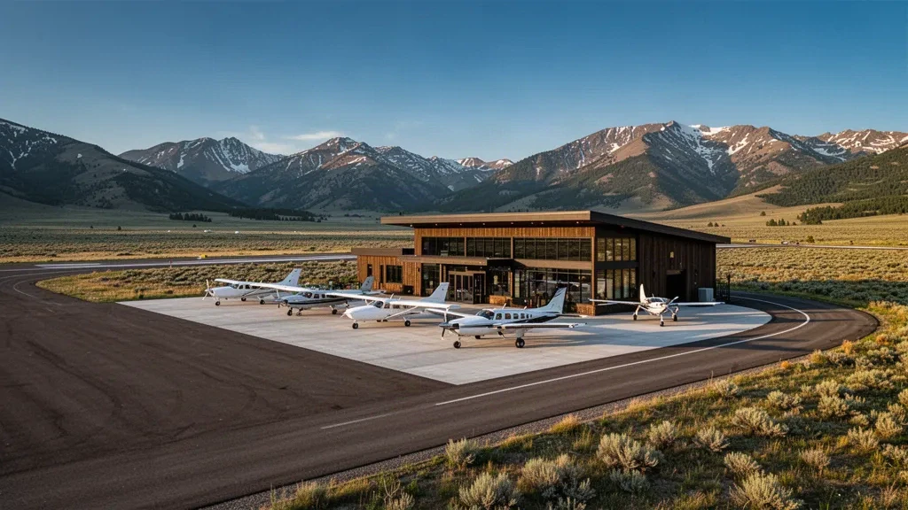 Modernes Terminal der allgemeinen Luftfahrt und Vorfeld am Dillon Airport in Montana, umrahmt von schneebedeckten Bergen im goldenen Nachmittagslicht.