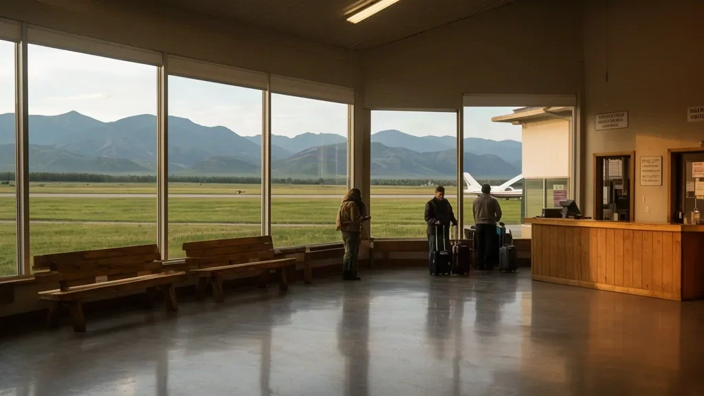 Innenraum eines kleinen regionalen Terminals am Dillon Airport in Montana mit Holzbänken, Reisenden und Bergblick durch große Fenster.