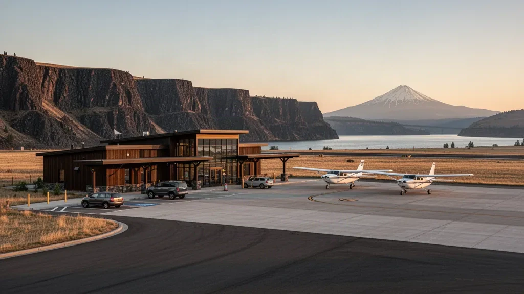 Modernes Terminal und Vorfeld am Columbia Gorge Regional Airport mit Basaltklippen, dem Columbia River und einem schneebedeckten Gipfel in der Ferne