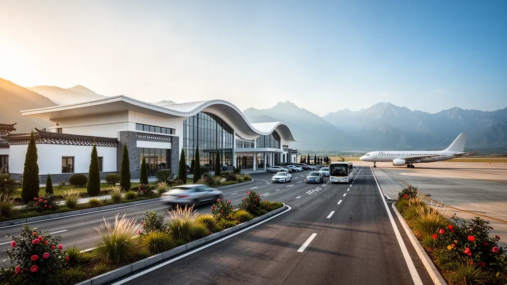 Modern curved terminal, drop-off lanes and a parked jet at Dali Fengyi Airport in Yunnan, with mountain ridges in warm golden-hour light