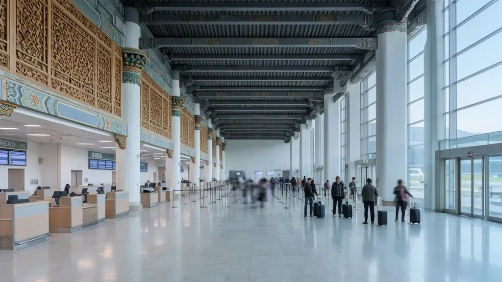 Interior of Dali Fengyi Airport terminal in Yunnan, showing the departure hall check-in area with Bai-style architecture and daylight
