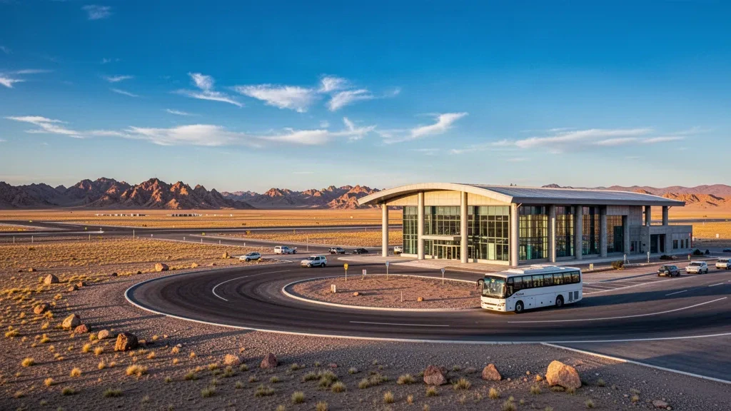 Exterior moderno de la terminal del aeropuerto de Dalanzadgad, en el desierto de Gobi de Mongolia, a la hora dorada, con estepa desértica y montañas rocosas lejanas