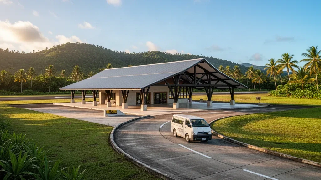 Open-air terminal and tropical runway at Dillon's Bay Airport on Erromango Island, Vanuatu, at golden hour.