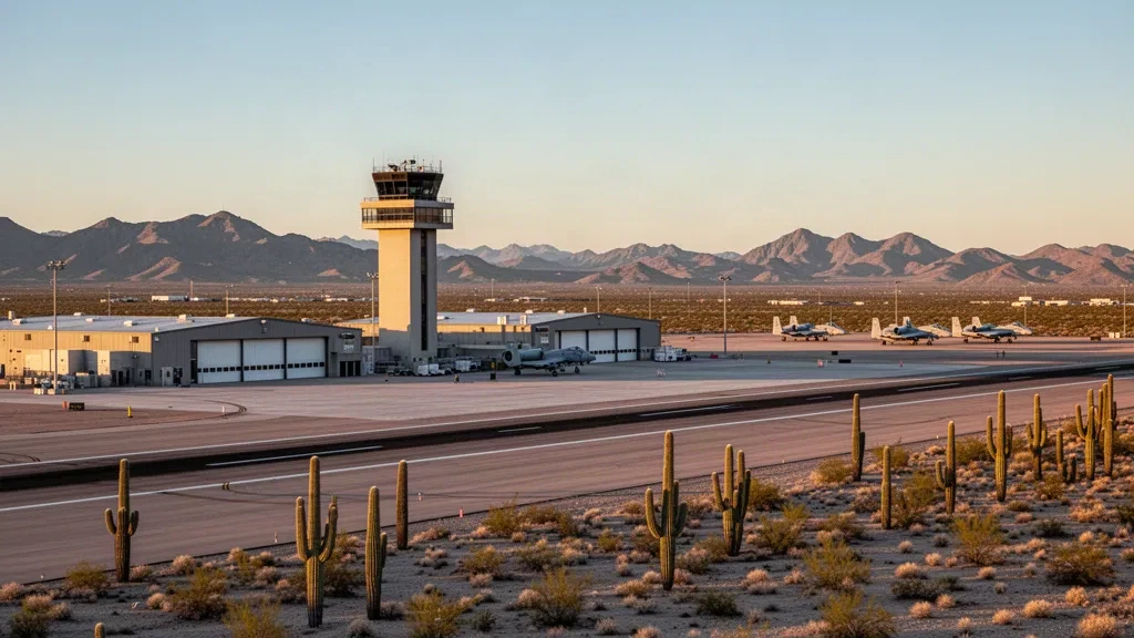 Flugfeld der Davis-Monthan Air Force Base in Tucson, Arizona, mit Wüstenlandschaft, Hangars, Start- und Landebahn und Licht zur goldenen Stunde.