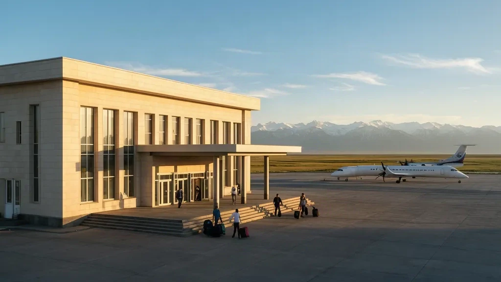 Außenansicht des Terminals des Internationalen Flughafens Taras mit einem Jet auf dem Vorfeld unterhalb der Ausläufer des Tian Shan im Süden Kasachstans
