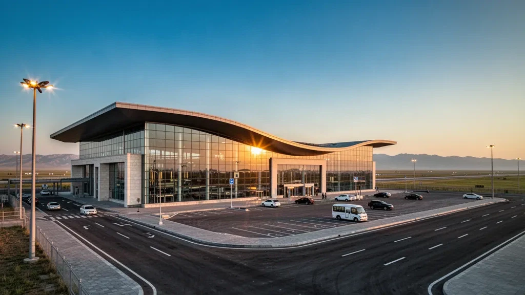 Kazakistan'daki Taraz Uluslararası Havalimanı'nda altın saatlerde modern cam havalimanı terminalinin dış cephesi, indirme-bindirme şeritleri ve açık bozkır gökyüzü