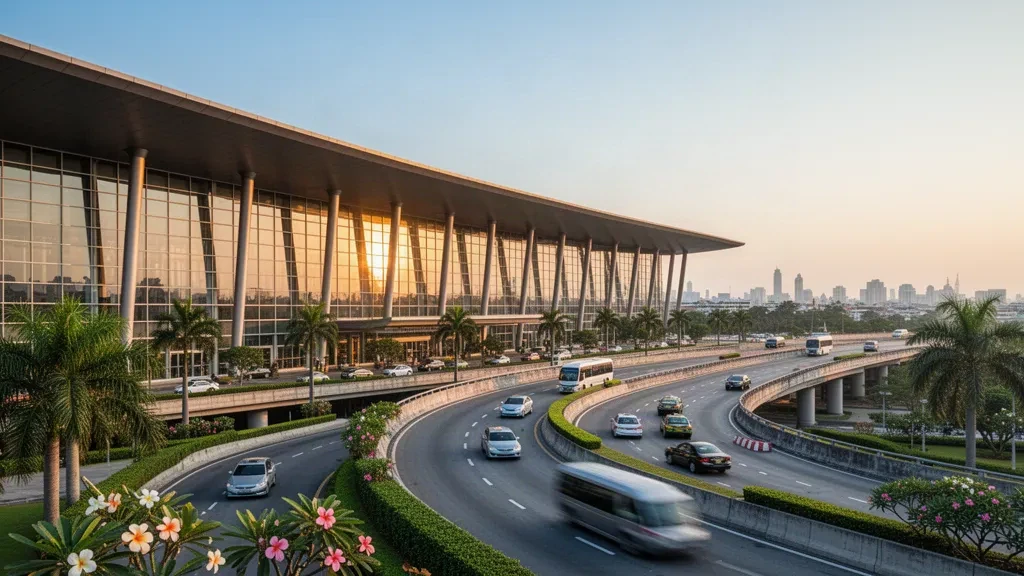 Modern glass terminal facade and drop-off lanes at Don Mueang International Airport in Bangkok at golden hour