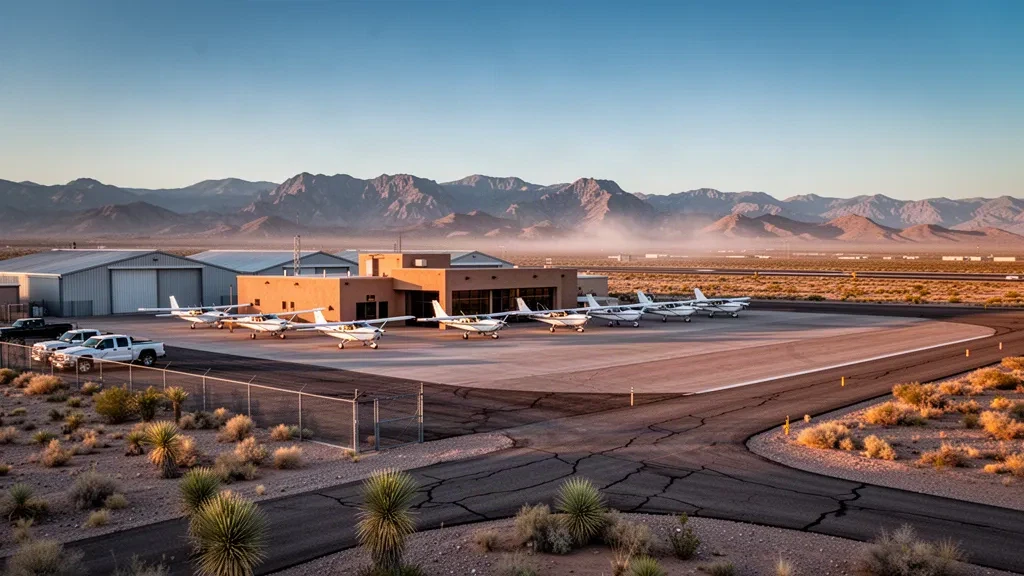 Deming Municipal Airport in New Mexico at golden hour, with its desert terminal, hangars, light aircraft and distant mountain ridges.